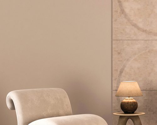 3d render image of a modern interior with a unique curved chair and a stylish lamp on a side table, set against a textured wall